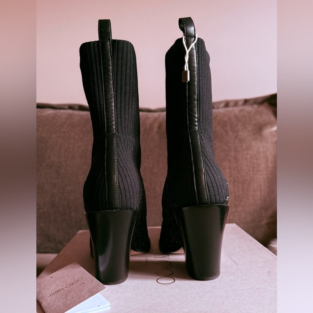 Jimmy Choo Mele Glitter 85 Western Stretch Knit Block Heel Ankle Boots Black 39 - Picture 7 of 9